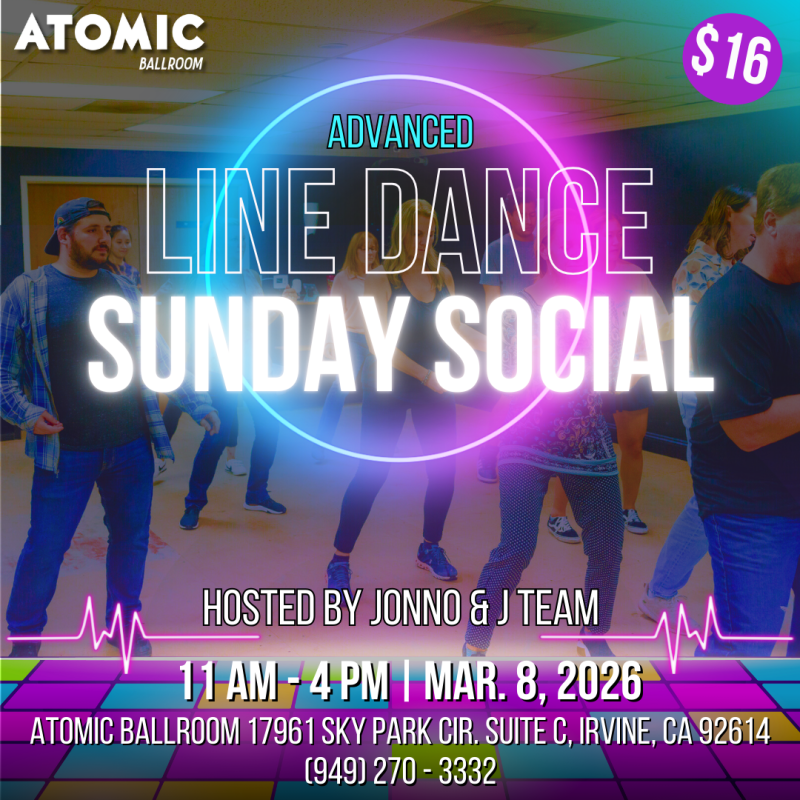 Advertisement for Sunday Line Dance Social at Atomic Ballroom.