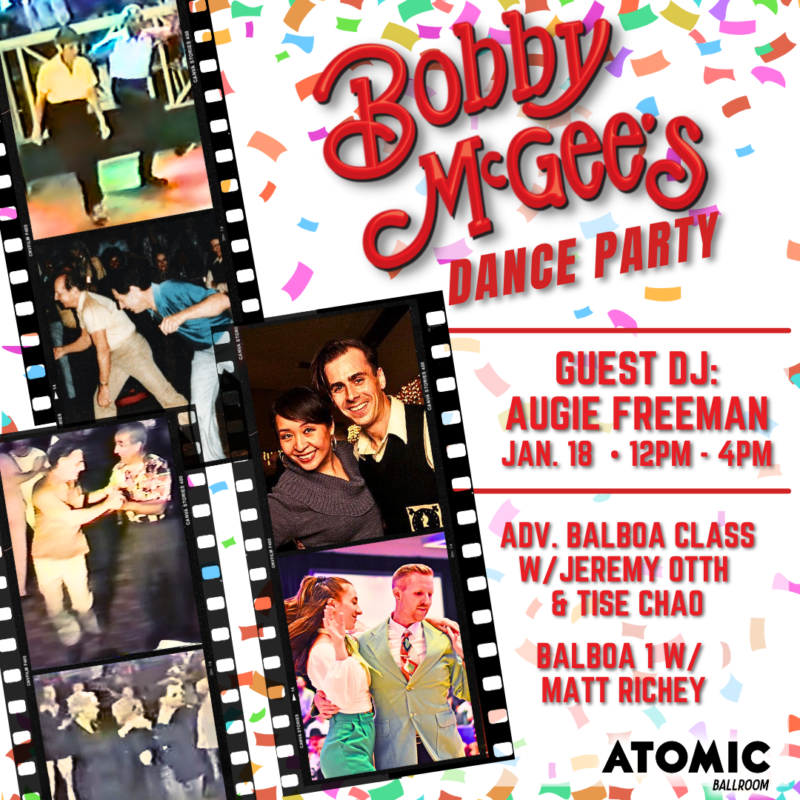 Advertisement for Bobby McGee's Dance Party at ATOMIC Ballroom.