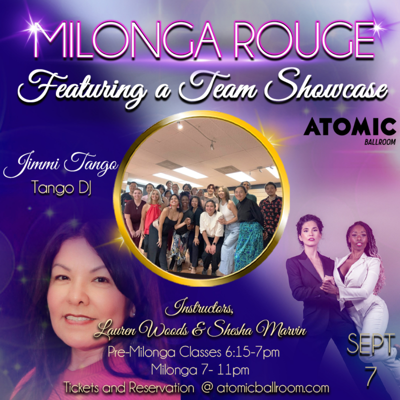 Advertisement for Milonga Rouge at Atomic Ballroom.