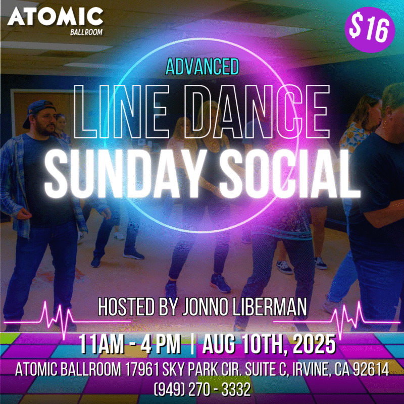 Advertisement for Sunday Line Dance Social at Atomic Ballroom.