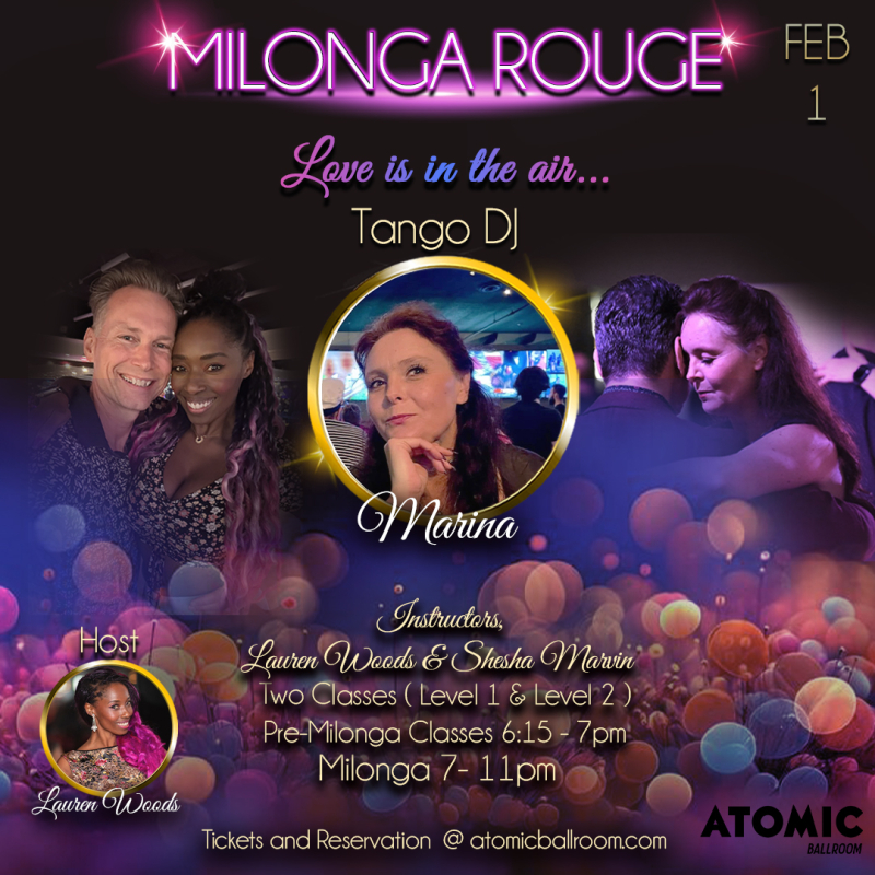 Advertisement for Milonga Rouge at Atomic Ballroom.