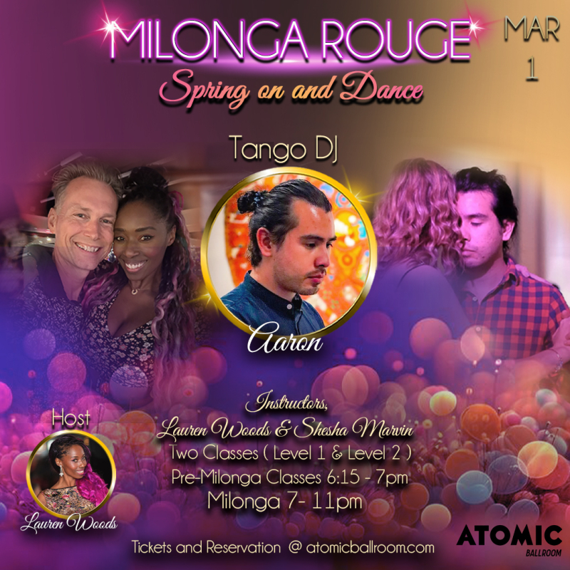 Advertisement for Milonga Rouge at Atomic Ballroom.