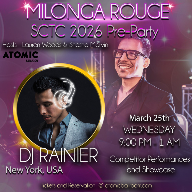 Advertisement for Milonga Rouge at Atomic Ballroom.
