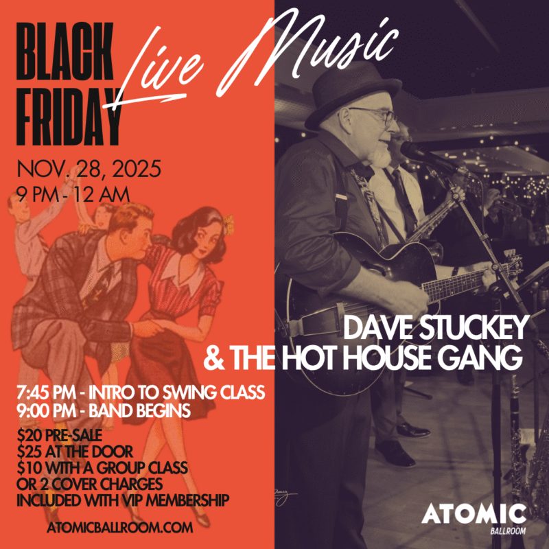 Advertisement for Swing City House Band playing at Atomic Ballroom.
