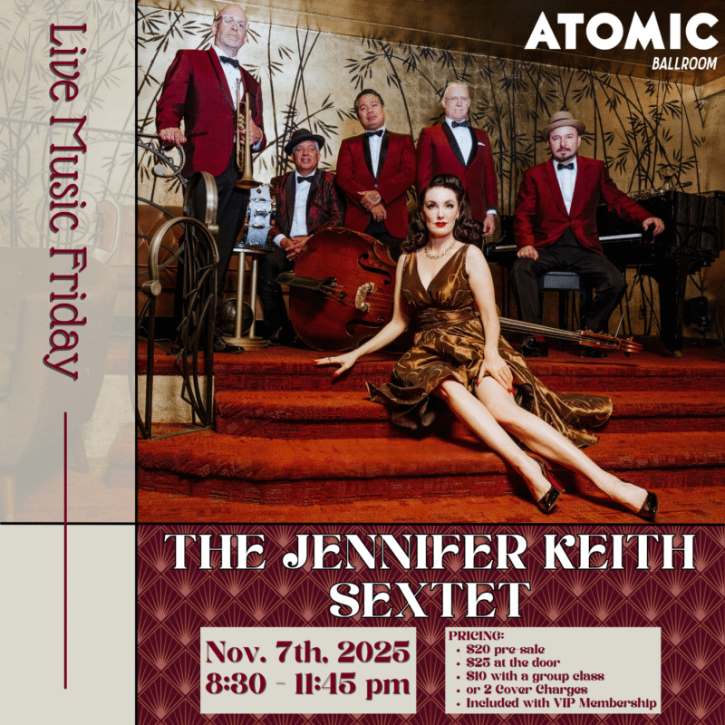 Advertisement for Swing City House Band playing at Atomic Ballroom.