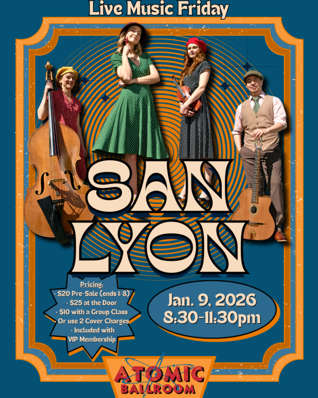 Advertisement for Swing City House Band playing at Atomic Ballroom.