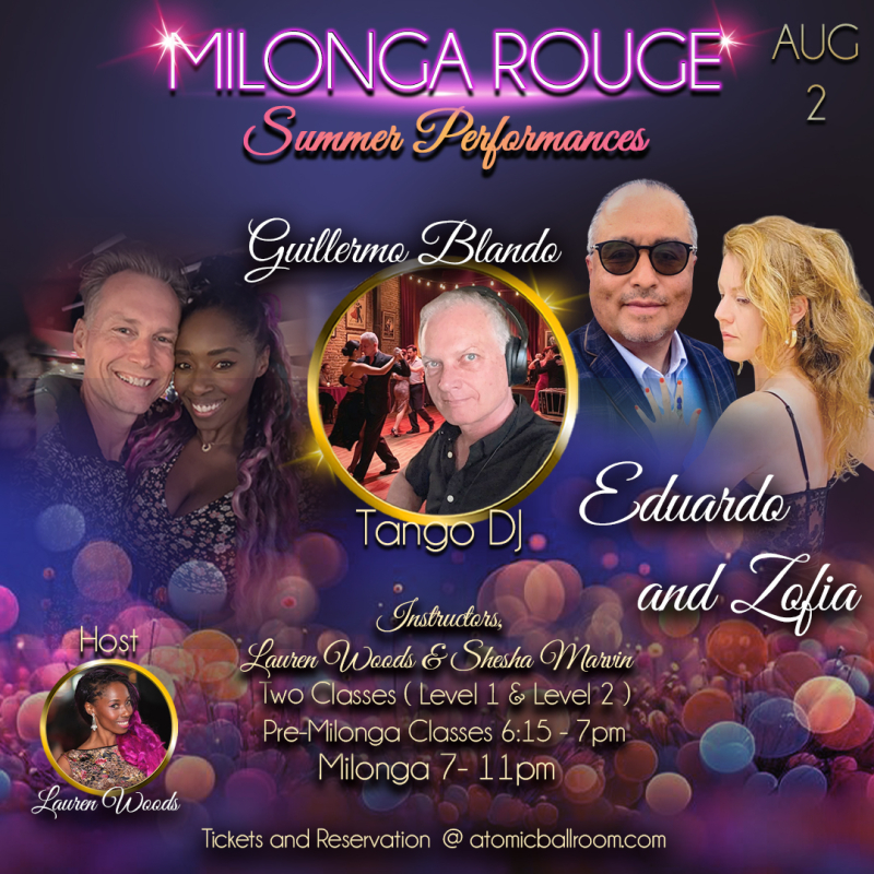 Advertisement for Milonga Rouge at Atomic Ballroom.