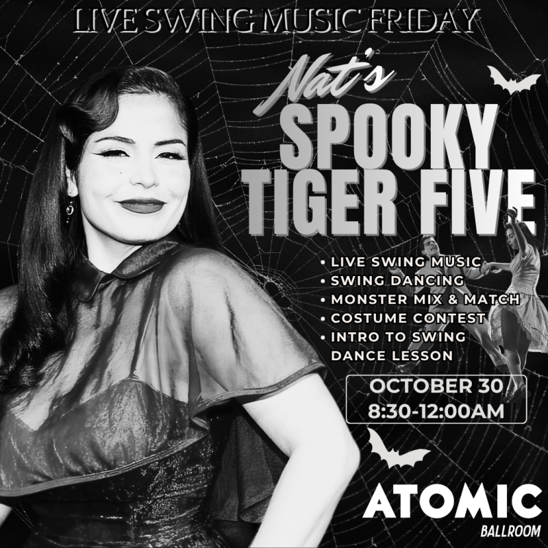 Advertisement for Swing City House Band playing at Atomic Ballroom.