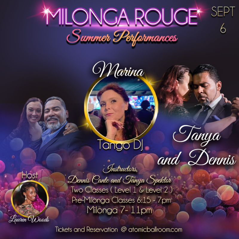 Advertisement for Milonga Rouge at Atomic Ballroom.