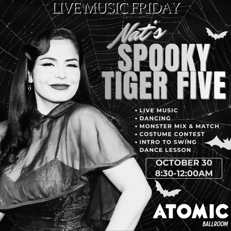 Advertisement for Swing City House Band playing at Atomic Ballroom.